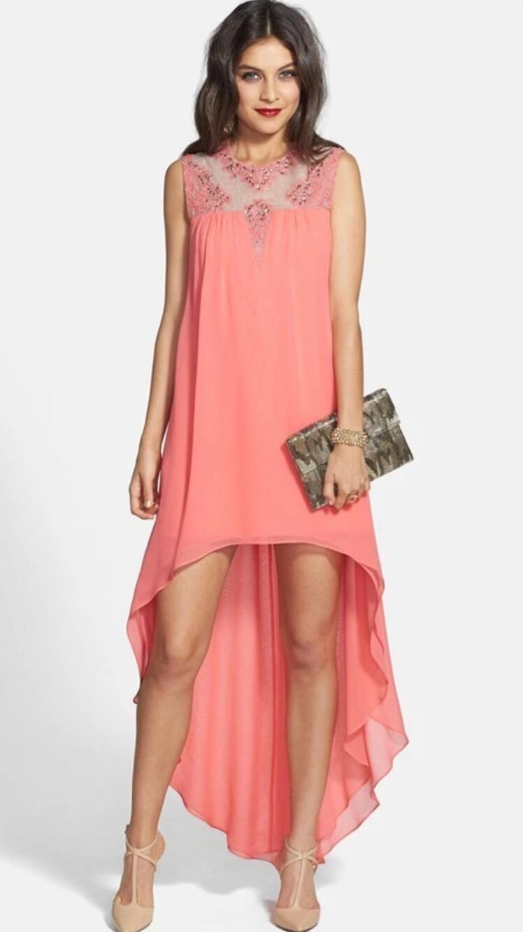 New BCBGMAXASRIA coral pink silk chiffon jeweled hi lo sheer lace dress Size XXS